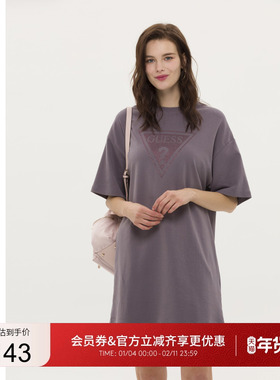 GUESS 女士经典款镶钻圆领短袖T恤连衣裙-W3PK1SK2Q40