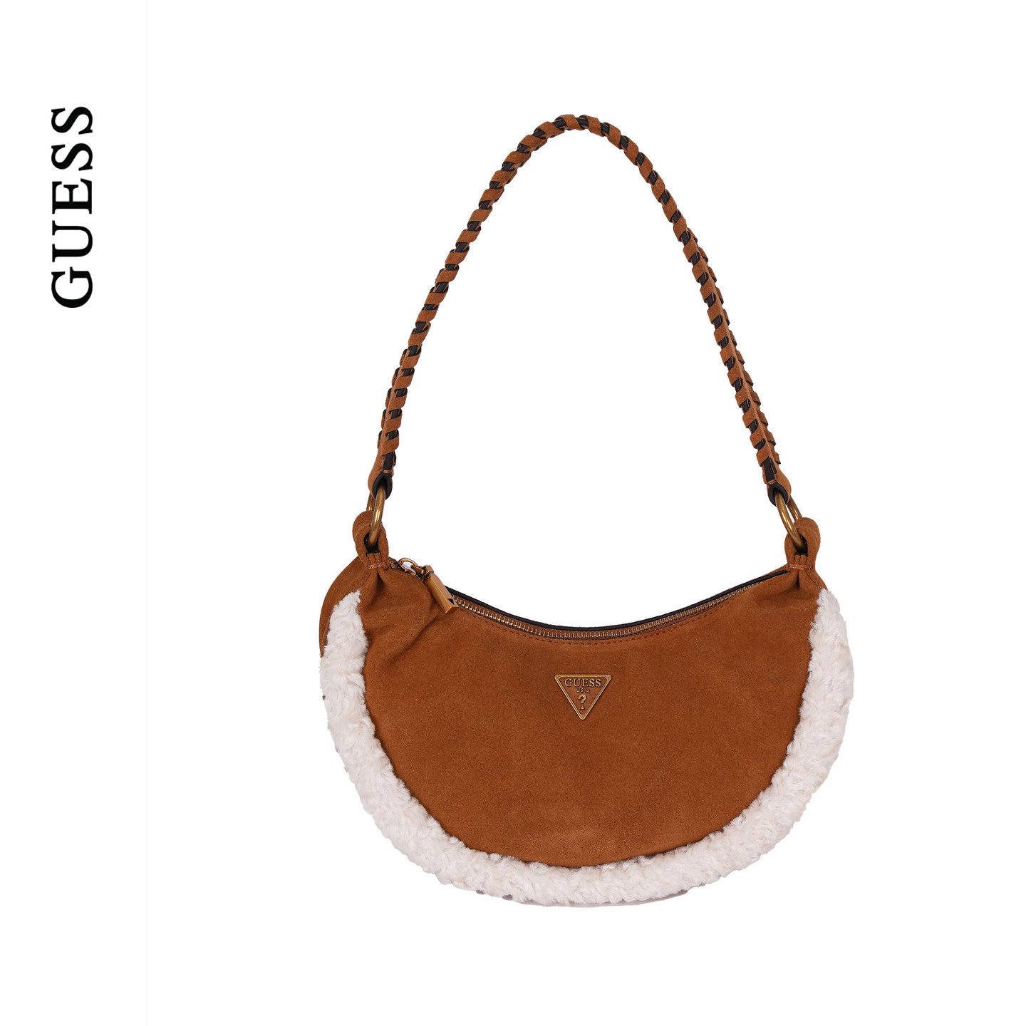 GUESS25年新款秋冬女士编织肩带半月形休闲拼边单肩包-SW953972