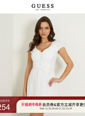 GUESS  女士纯白绑带初恋法式复古小白裙-W4GK98WG7B0