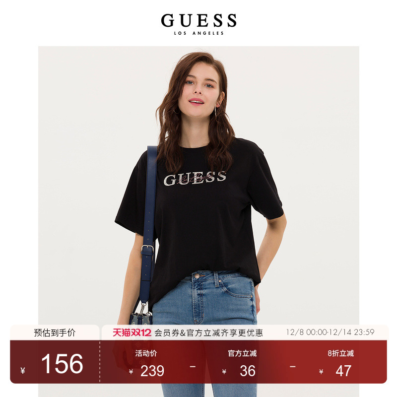 GUESS女士烫钻印花LOGO短袖T恤
