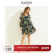 GUESS 女士遮肚子碎花v领轻熟派对年代感长袖 连衣裙