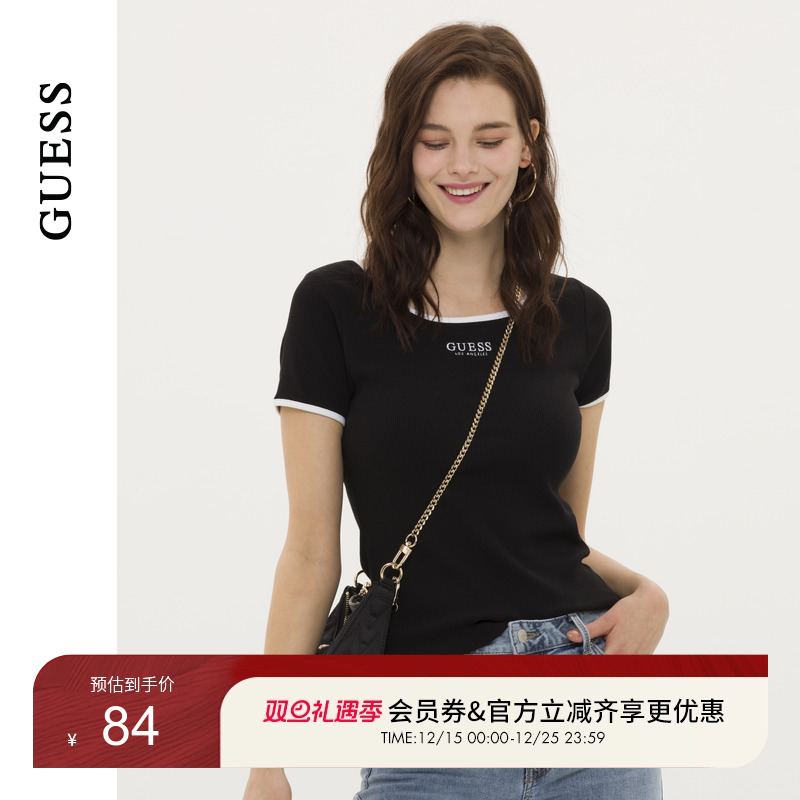 GUESS刺绣小logo撞色短袖圆领T恤