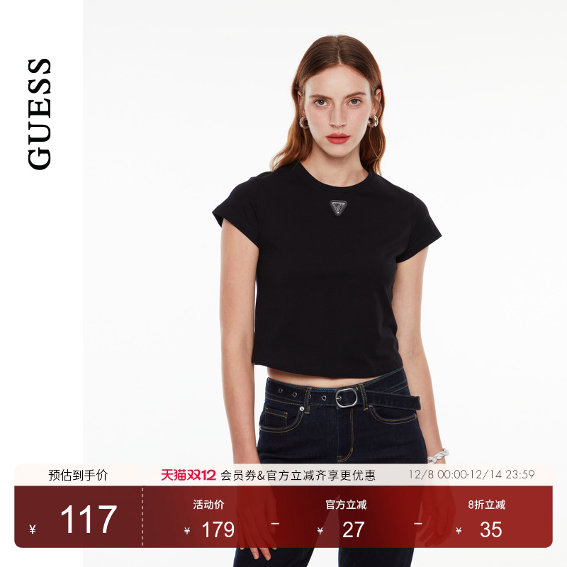 GUESS女士logo款修身黑色通勤短袖T恤-W4PI0FK2Q40