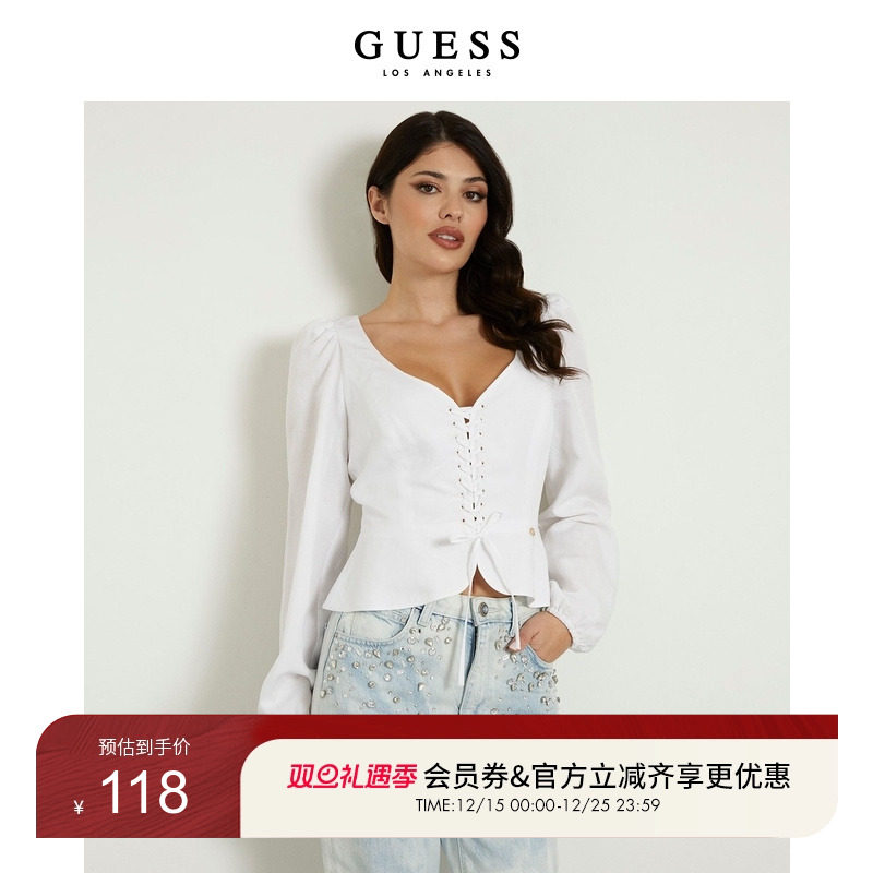 GUESS气质V领短款绑带收腰上衣
