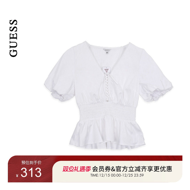 GUESS25年新款早秋女士V领系带收腰荷叶边短袖衬衫-W5YH73WAF10