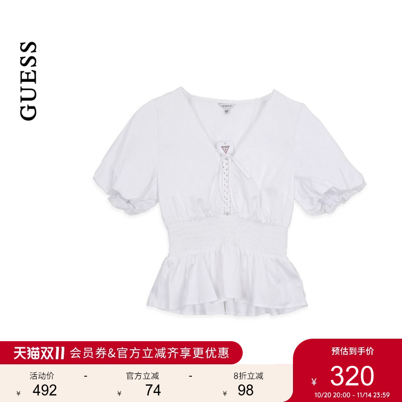 GUESS25年新款早秋女士V领系带收腰荷叶边短袖衬衫-W5YH73WAF10