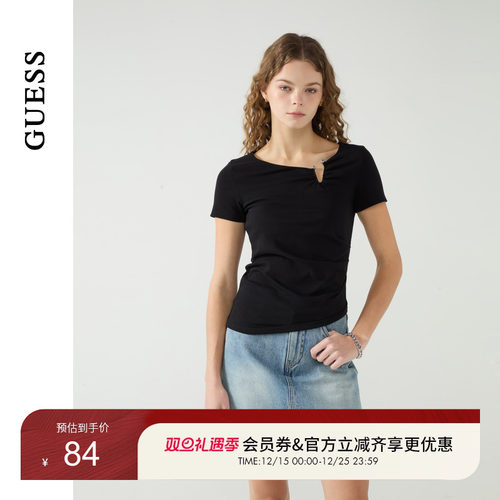 GUESS女士金属开口显瘦纯欲抽褶正肩T恤-W5PP79K2Q40