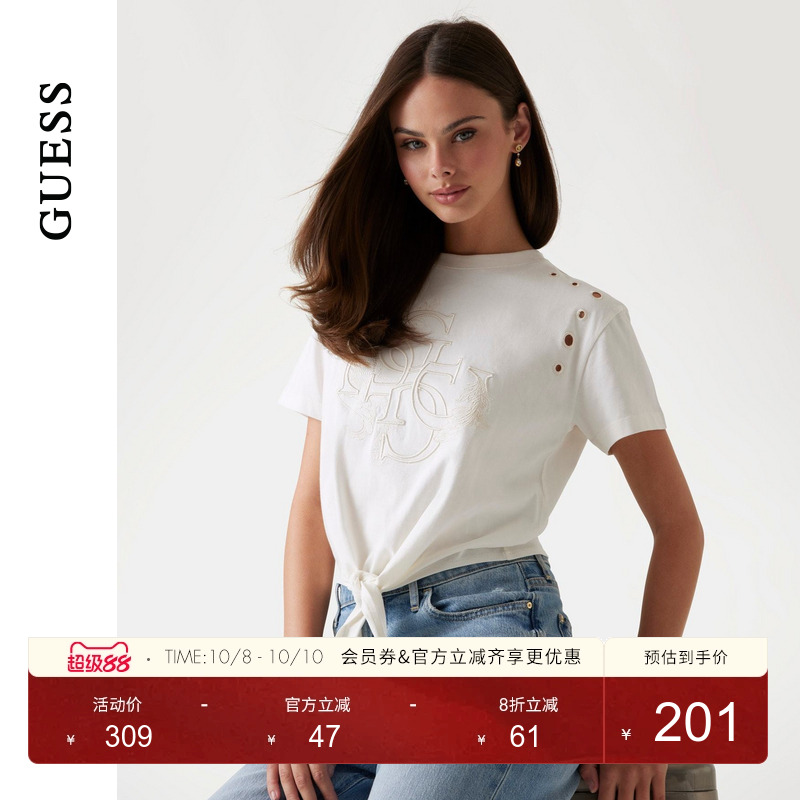 GUESS25年新款夏季女士镂空刺绣设计百搭系带短袖T恤-W5GI18I3Z14