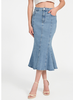 GUESS25年新款早秋女士清新高腰鱼尾优雅牛仔半身裙-W5YD0ED4LU0