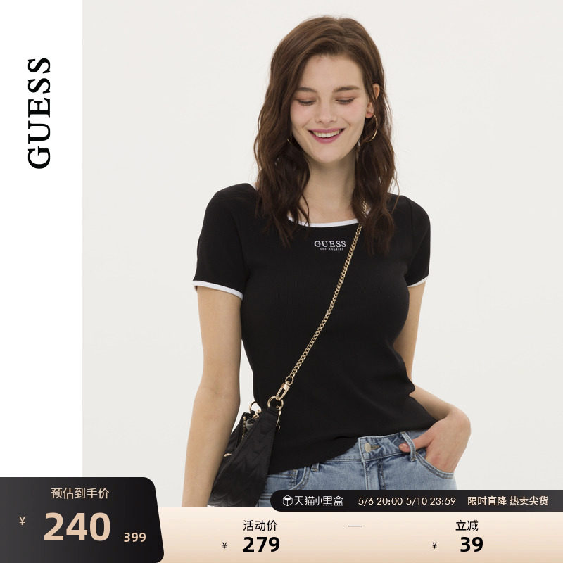 GUESS女简约洋气设计修身甜辣刺绣短袖T恤上衣-Q3PP11K2Q40