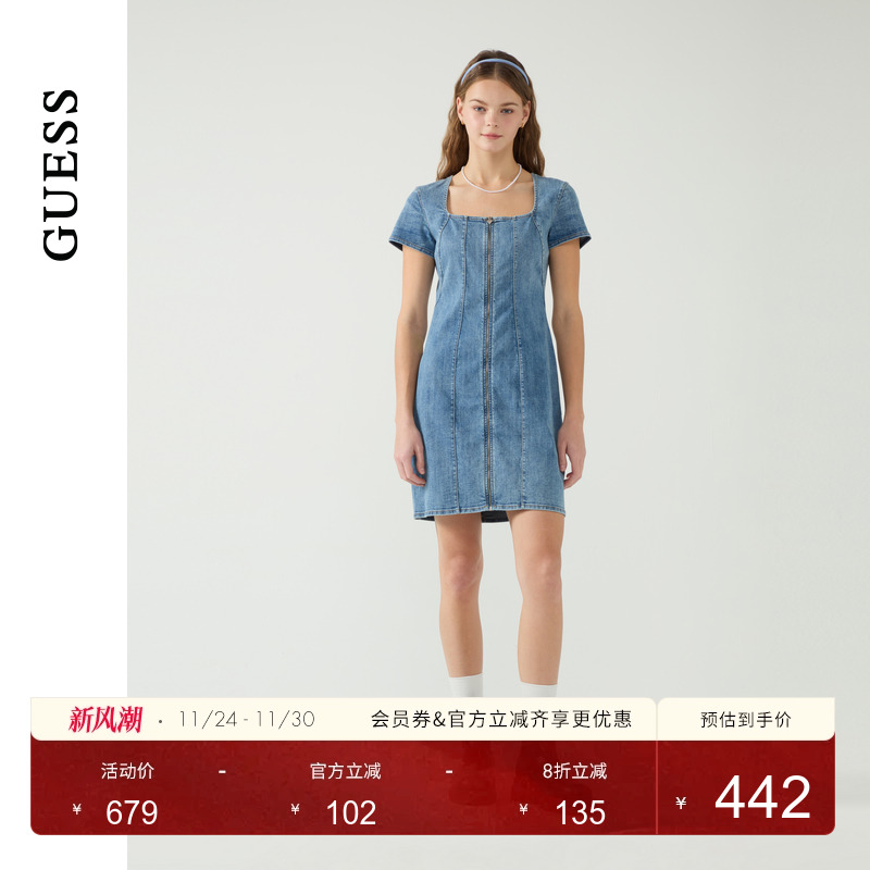 GUESS女士大方领短袖水洗牛仔连衣裙-W5PK1MD51V0