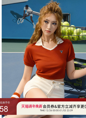 GUESS女士小圆V领短款修身T恤-W4PP94K2Q40