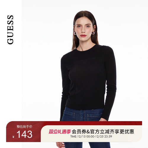 GUESS女士简约纯色线条感圆领套头长袖T恤-YO3K2490