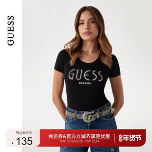 GUESS女士镶钻logo百搭修身短袖T恤-W5YI05J1314