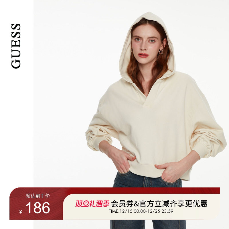 GUESS镶钻logo连帽短款卫衣