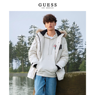 GUESS男女同款貉子毛领派克中长款保暖羽绒服