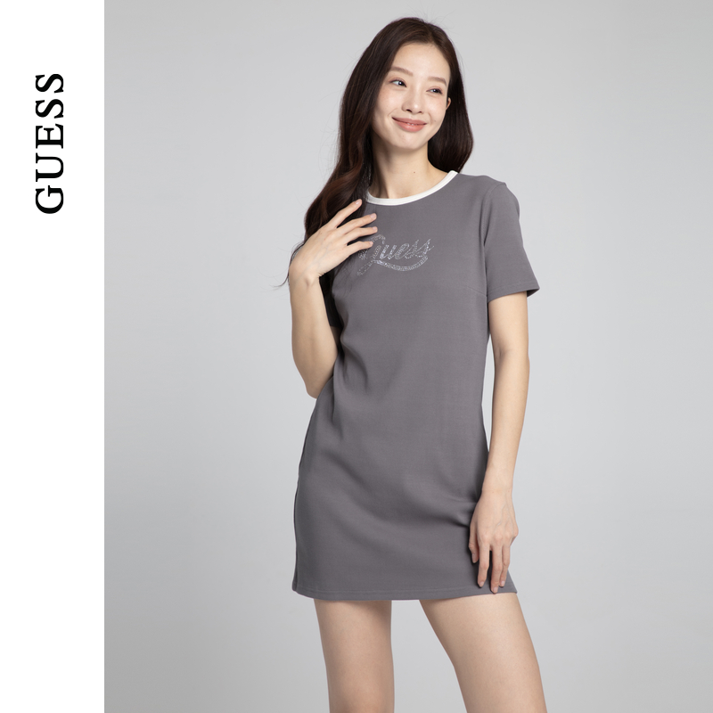 GUESS 女士撞色简约百搭圆领印花连衣裙-W4PK1UK2Q40