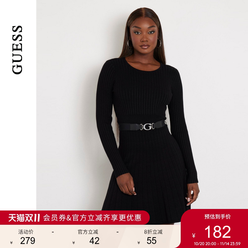 GUESS时尚收腰圆领针织连衣裙