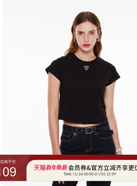 GUESS女士logo款修身黑色通勤短袖T恤-W4PI0FK2Q40