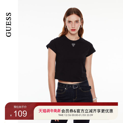 GUESS女士logo款修身黑色通勤短袖T恤-W4PI0FK2Q40
