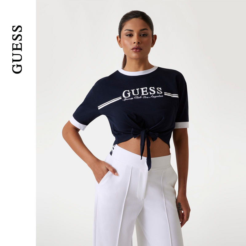 GUESS字母LOGO短款露脐圆领T恤