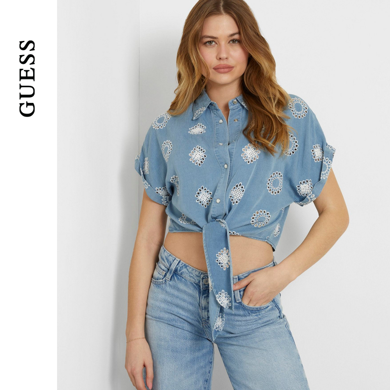GUESS花纹收腰系带短衬衫上衣