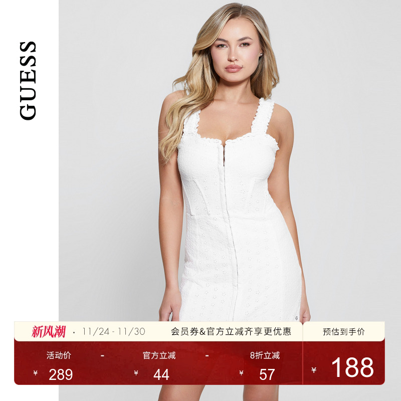 GUESS  女士镂空蕾丝修身束腰吊带连衣裙-W4GK16KCA00