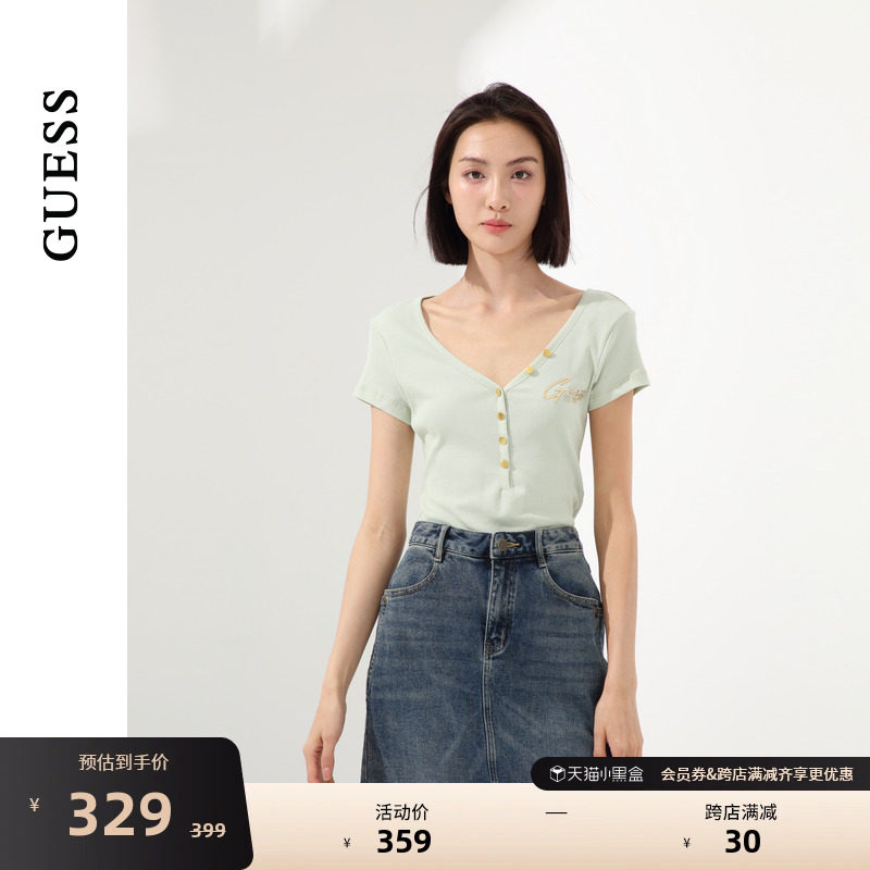 GUESS24年新款春季女士排扣纯色简约百搭v领修身T恤-W4RP47K1814