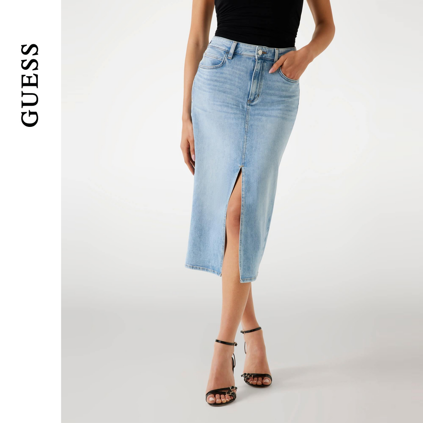 GUESS 25年新款夏季女士通勤气质开叉包臀牛仔半身裙-W5YD1LD5QQ0
