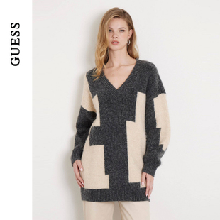 GUESS女士法式 W4BR0AZ3JO0 慵懒风V领拼色毛针织衫