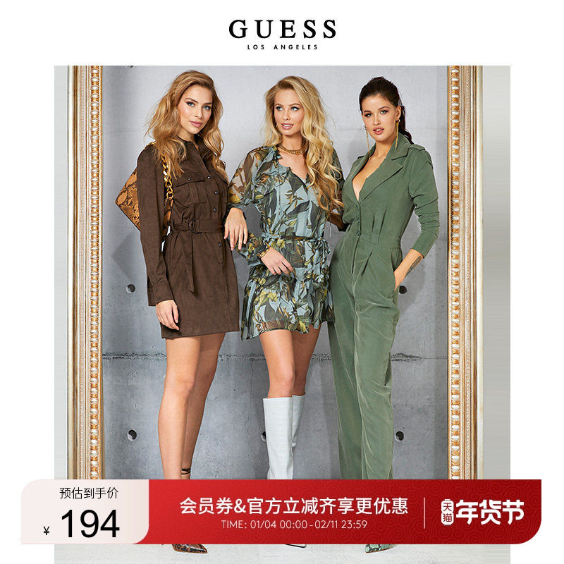 GUESS 女士极简园艺印花蝴蝶结收腰连衣裙,女装/女士精品,连衣裙,淘宝优惠券,粉丝福利购,淘宝优惠卷