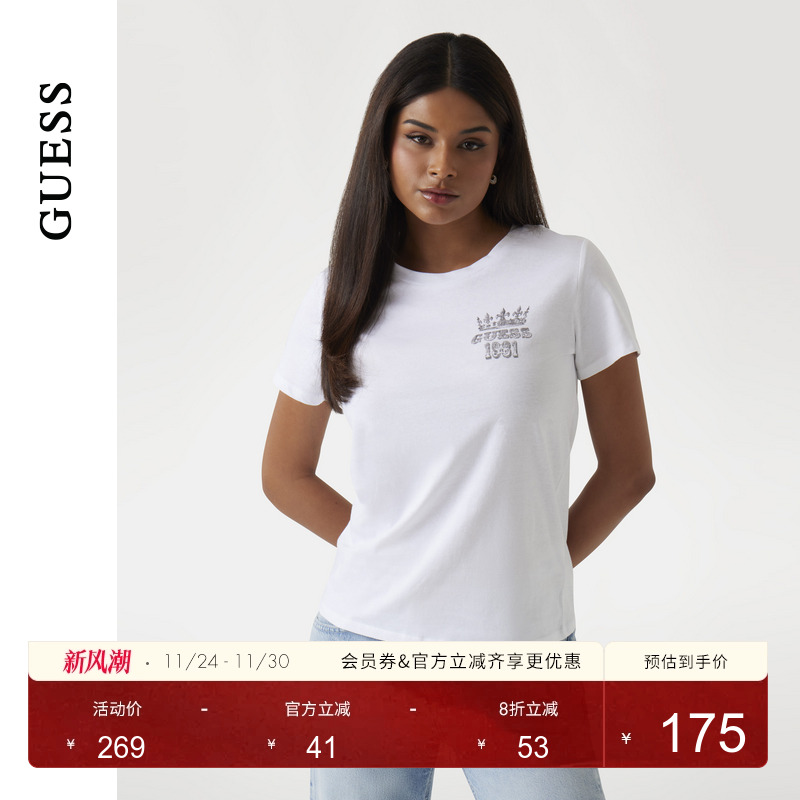 GUESS女士美式复古印花百搭正肩短袖T恤-W5GI53K9RM1