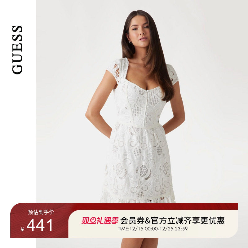 GUESS女士蕾丝镂空方领修身纯欲连衣裙-W5GK50WH521
