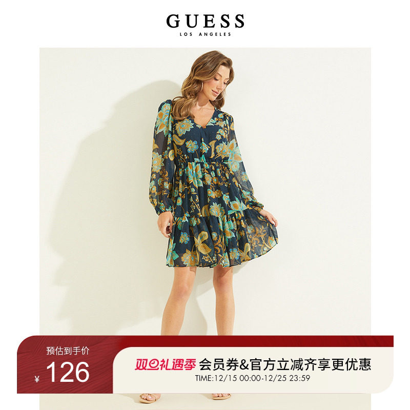 guess连衣裙复古碎花秋季