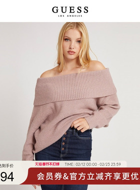 GUESS 女士纯色复古一字肩性感毛针织衫-W2RR31Z2YZ0