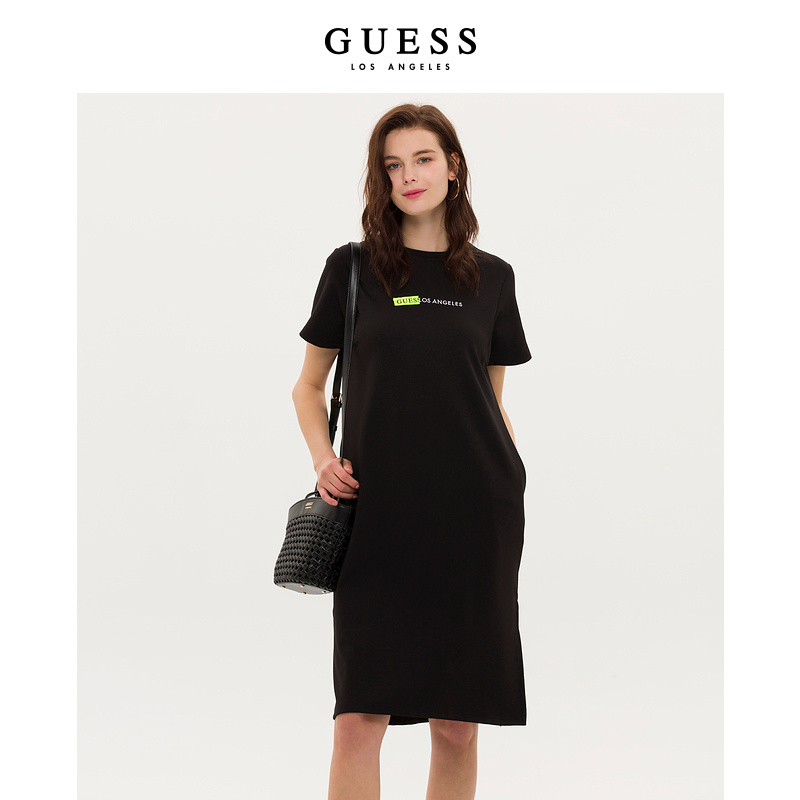 GUESS绣花logo短袖T恤连衣长裙