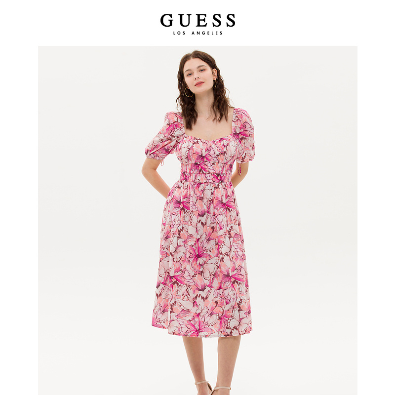 Guess泡泡袖蝴蝶印花法式连衣裙