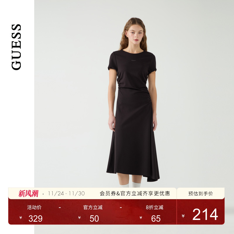 GUESS女士褶皱收腰圆领短袖气质连衣裙-W5PK1HK2Q40