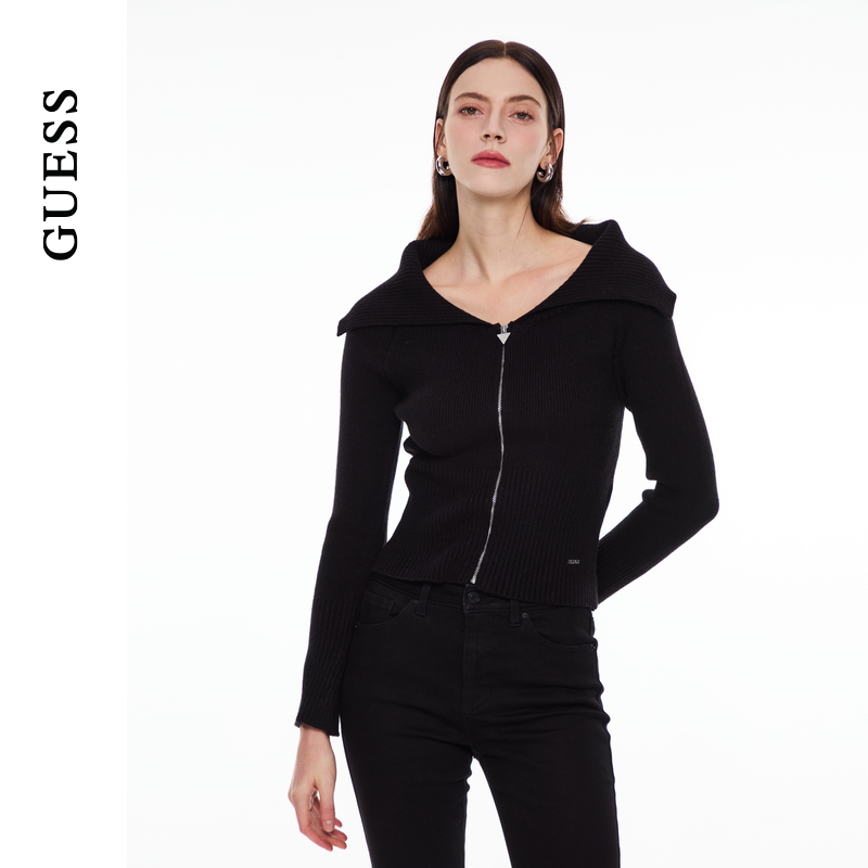 GUESS螺纹翻领拉链开襟毛针织衫