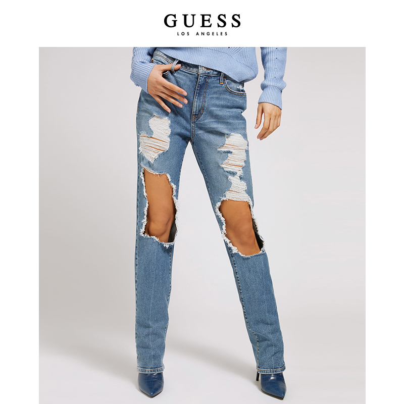 GUESS破洞直筒休闲牛仔裤