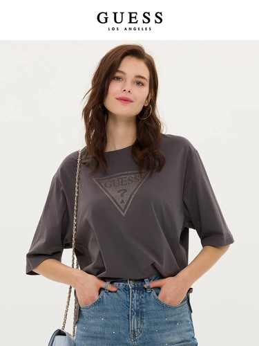 GUESS Женская французская чистое хлопковое бриллиантовое дизайн короткий круглый шейный плеч