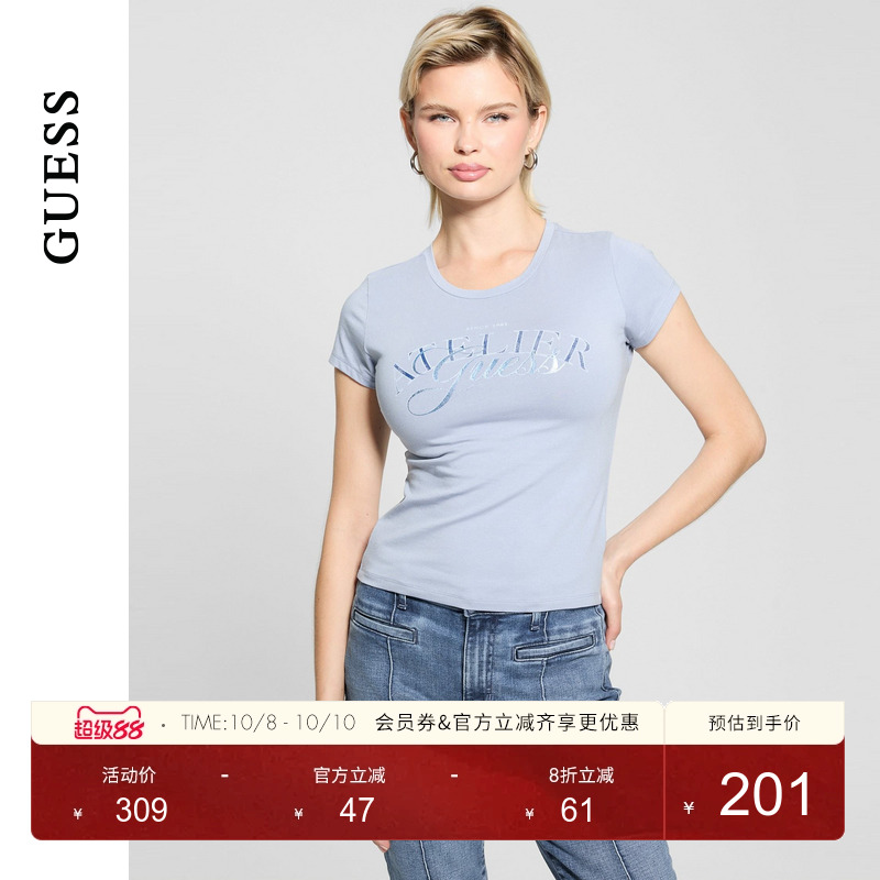 GUESS印花圆领修身短袖T恤