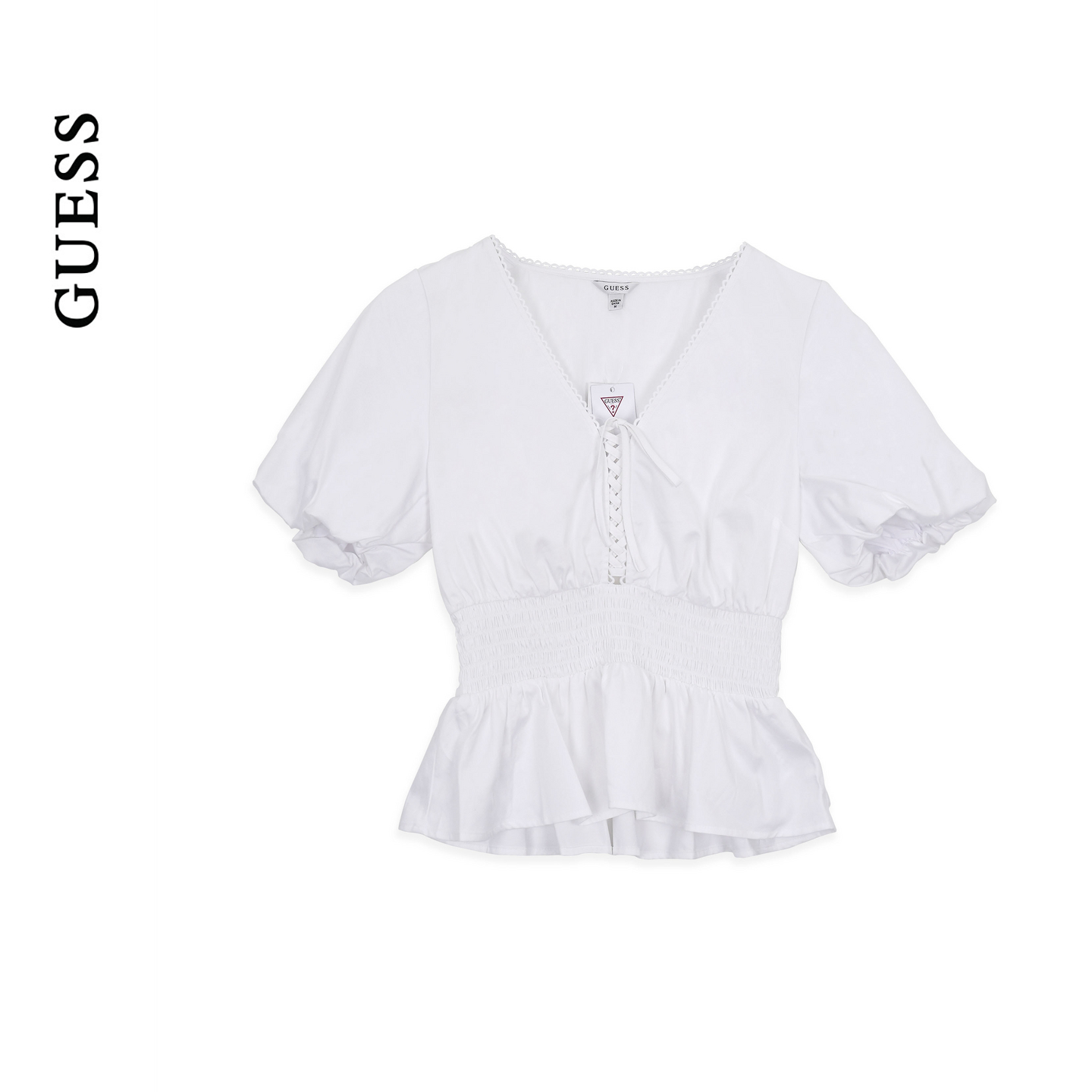 GUESS25年新款早秋女士V领系带收腰荷叶边短袖衬衫-W5YH73WAF10