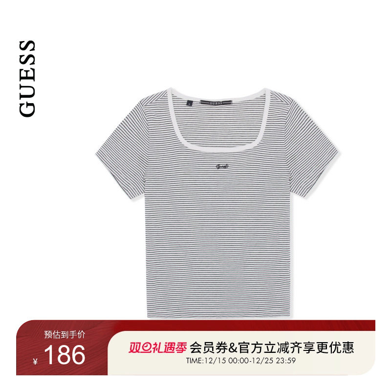 GUESS女士方领条纹百搭显瘦通勤T恤短袖-OP2K5414