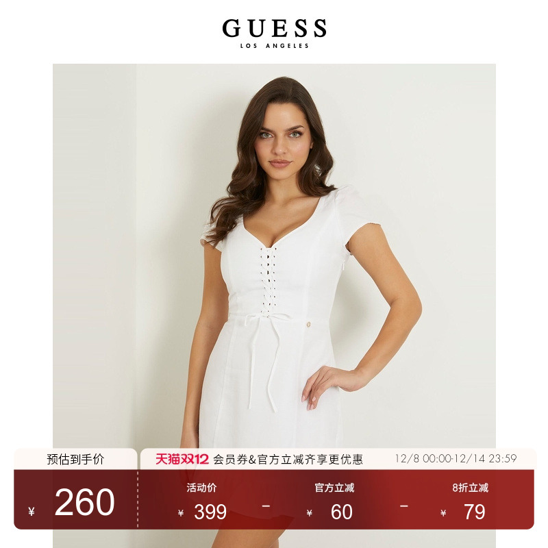 Guess绑带初恋法式复古小白裙