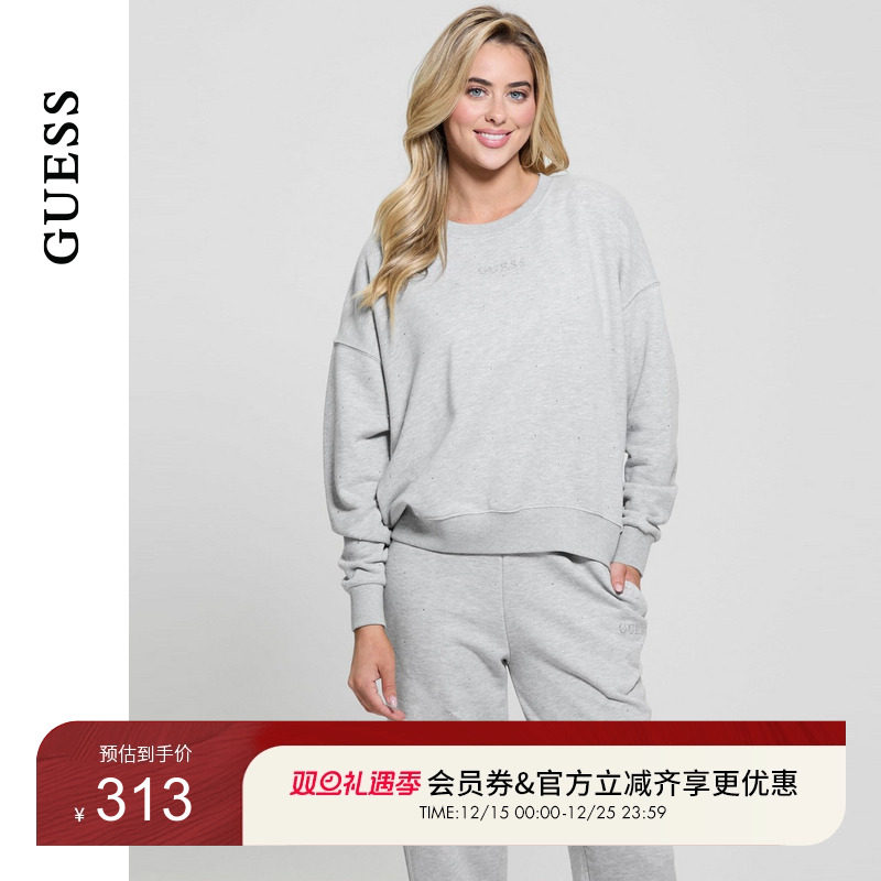 GUESS纯色休闲圆领长袖卫衣