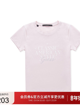 GUESS女士镶钻纯色通勤logo正肩T恤短袖-OP2K5404