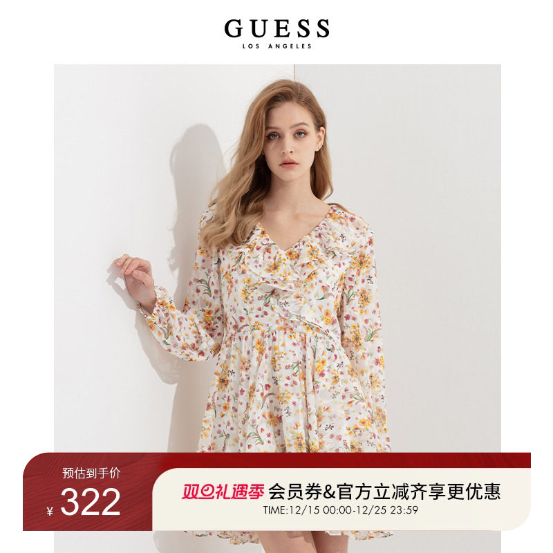 性感v领小清新碎花长袖连衣裙