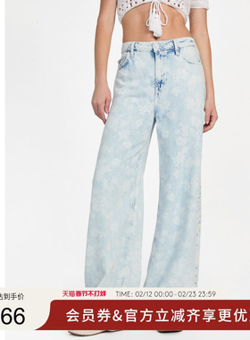 GUESS女士淡蓝色花纹垂坠感阔腿牛仔裤-W5GA82D5B95