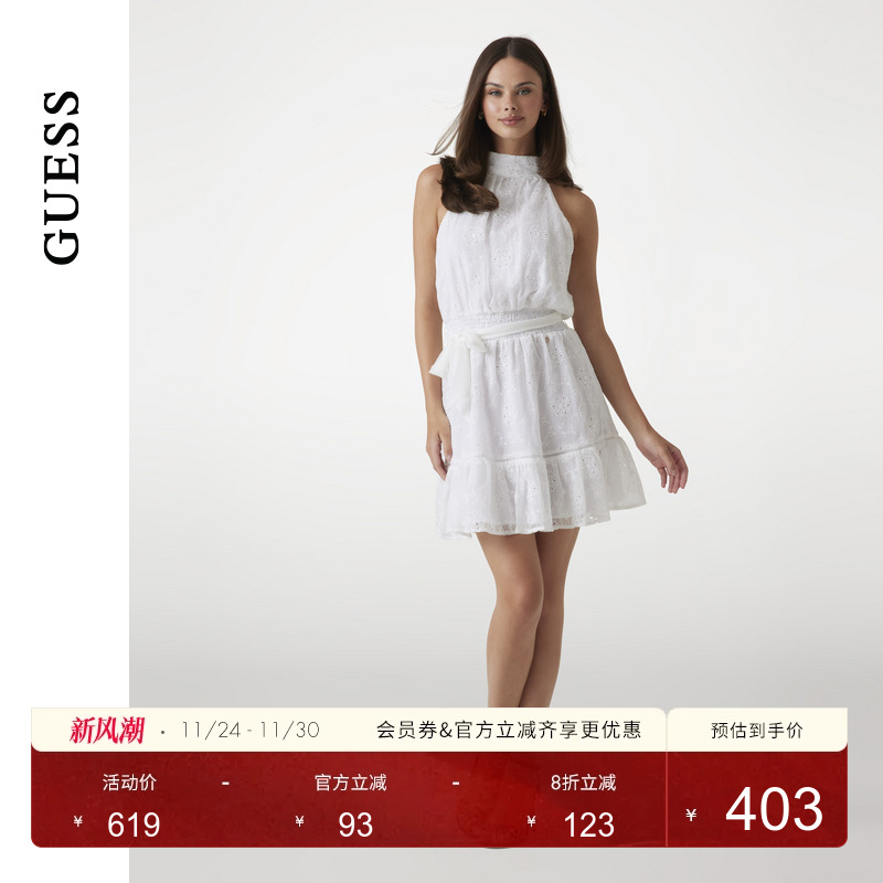GUESS女士镂空蕾丝收腰系带无袖连衣裙-W5GK15W0WA2